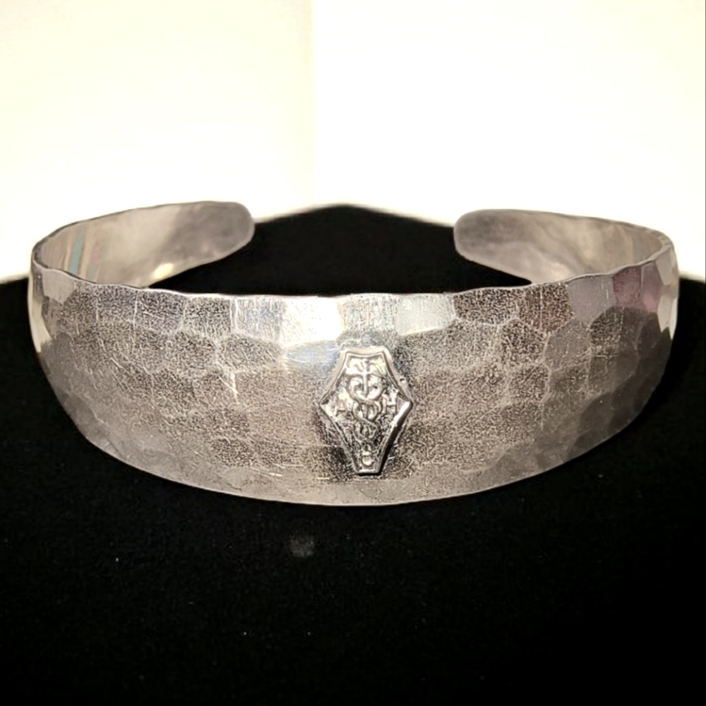 Hammered Sterling Cuff Bracelet – Caduceus Symbol